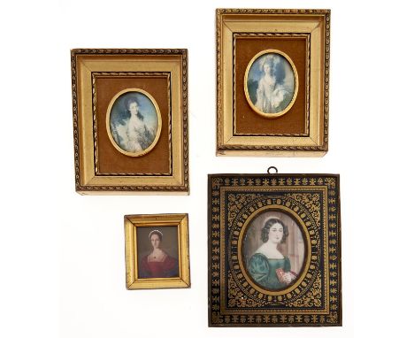 A French Boulle style miniature frame&nbsp;containing a portrait miniature of a lady in a green dress, c1900, 16 x 14cm and t