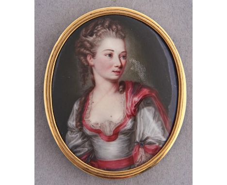 Pierre Andre Le Suire (1742 - after 1791)&nbsp; Portrait Miniature of a young Lady,&nbsp;half length in a blue-grey dress wit