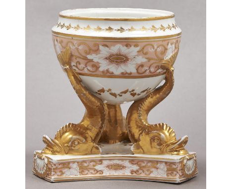 A Chamberlain's Worcester cream bowl, c1805-10, from a dessert service, on three richly burnished gilt dolphin supports, the 