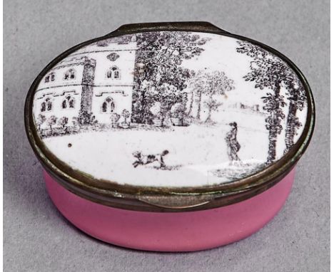 A South Staffordshire enamel patch box, c1780, the lid transfer printed with a man and dog near a gothic building, the base p