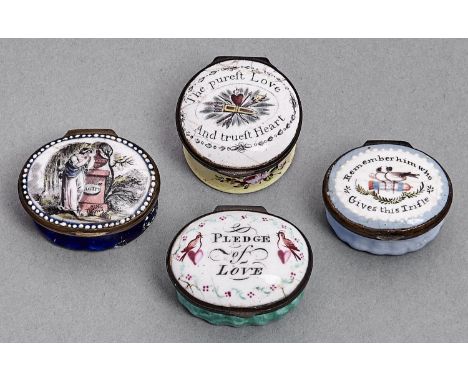 Four enamel patch boxes, c1780, the lid of each printed and painted with emblems of love, the base of the yellow example with