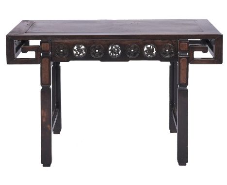 A Chinese hardwood alter table, first half 20th c, the frieze applied with carved and pierced medallions of peaches and auspi