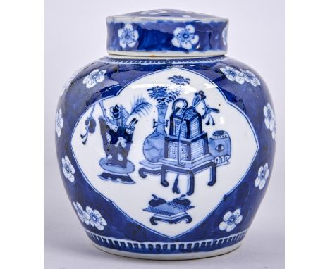 A Chinese blue and white ginger jar and cover, early 20th c, painted with groups of objects reserved on a prunus and cracked 