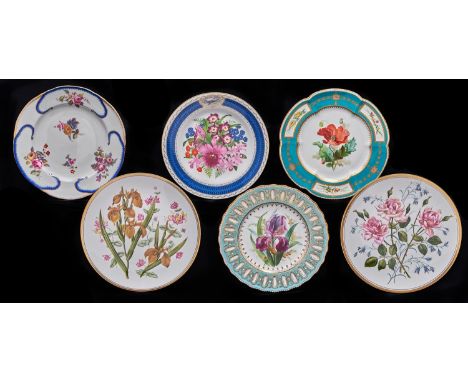 A Copeland bone china dinner plate, c1890, after a Sevres pattern, printed and painted with flowers in blue and gilt feuille 