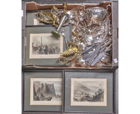 Four 19th c steel engravings, framed,&nbsp;hand coloured, a pair of brass dragon candlesticks, six Goebel figures of children