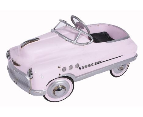 A pink painted steel child's pedal car, 1950's style, 97cm l  Small areas of rust and some localised flaking of the paint. Th