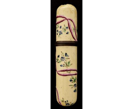 A French enamel scent bottle case and cover, late 19th c, painted in blue and green with sprigs and a puce ribbon on a yellow