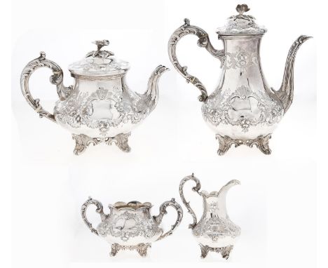 A Victorian silver tea and coffee service, of baluster form and crisply chased with flowers and foliage, coffee pot 26cm h, b