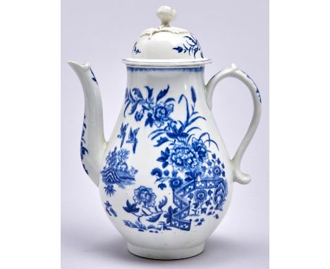 A Worcester blue and white coffee pot and cover, c1780, transfer printed in underglaze blue with the Fence pattern, 23cm h, c
