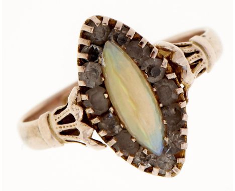 An opal and paste navette cluster ring, in 9ct gold, Chester 1919, 2.6g, size O  Opal retaining polish; light wear