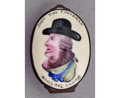 An oval enamel patch box, 19th c, the lid painted with JOHN THE COACHMAN and BETTY THE COOK, a mirror to the underside of the