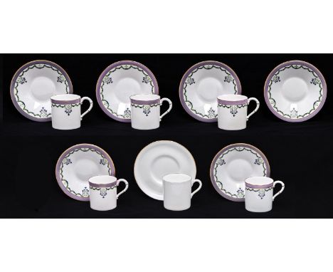 A set of five Royal Worcester coffee cups and saucers, 1914, with green and blue swags and lilac border, saucer 10.5cm diam, 