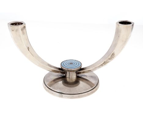 A Norwegian silver and blue enamel candelabra, of two lights on slightly domed round foot, 12cm h, by J Tostrup, maker's mark