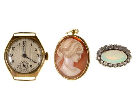 A 9ct gold wristwatch, Swiss movement, 29mm diam, Chester 1929, an oval opal and paste brooch in gold and a cameo brooch in g