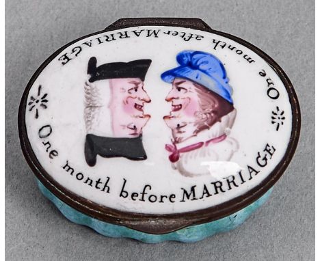 An enamel patch box, 19th c, the oval lid painted with portraits and inscribed One Month Before MARRIAGE and One Month After 