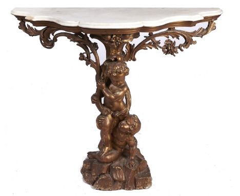 An Italian giltwood console table, 19th c,&nbsp;the marble slab and shaped top held aloft by putti on rocks, 92cm h; 49 x 120