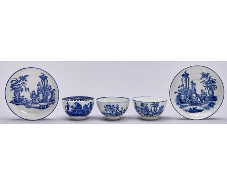 A Caughley tea bowl and saucer and a contemporary matching Worcester tea bowl and saucer, c1790, transfer printed in undergla