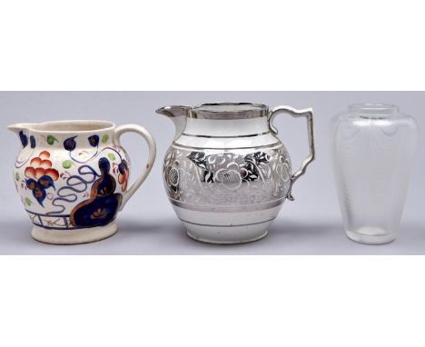 A silver resist pearlware jug, c1830, 14cm h, a Gaudy Welsh jug and a semi iridescent studio glass vase (3)  Silver resist ju