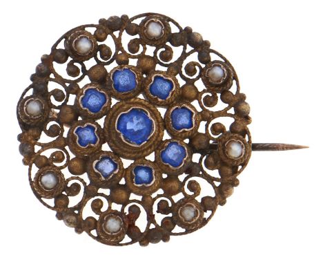 A seed pearl and blue paste openwork brooch, in gold, 3.4g  Much dirt and light wear consistent with age. Pin associated and 