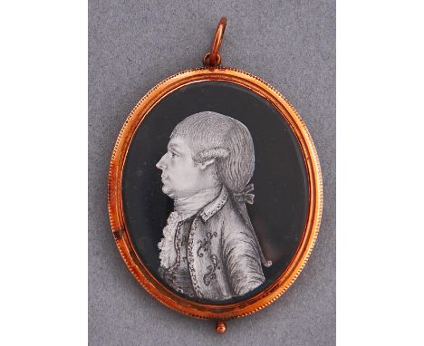 English School, 18th century - Memorial Portrait Miniature of a Gentleman,&nbsp;bust length en grisaille, oval, 6mm, gold fra