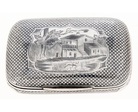An Austro-Hungarian silver and niello snuff box, chequer patterned overall, the lid reserved with the scene of an animal and 