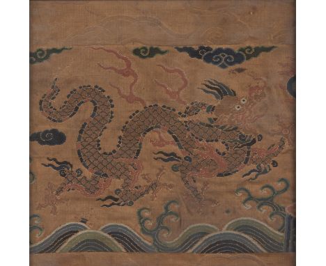 A Victorian linen sampler, E Chapman's work in her 11th year 1844, 48.5 x 39cm and a Chinese silk embroidery fragment of a dr