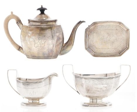 A George III silver tea service, with engraved border and reeded rim, the initial A contemporary, teapot and stand 18cm h, by