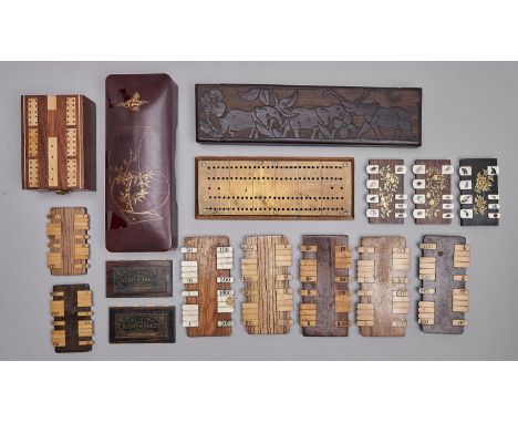 An unusual collection of exotic wood and shibayama whist markers, a pair, of ebony with gilt trade label The Camden Whist Mar