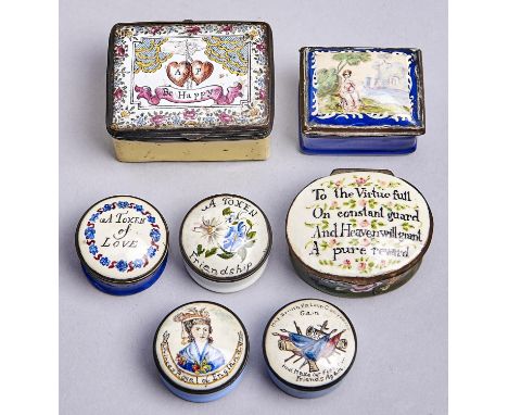 Seven English and French enamel bonbonnieres and other boxes, 18th c and later, variously painted or printed and painted with