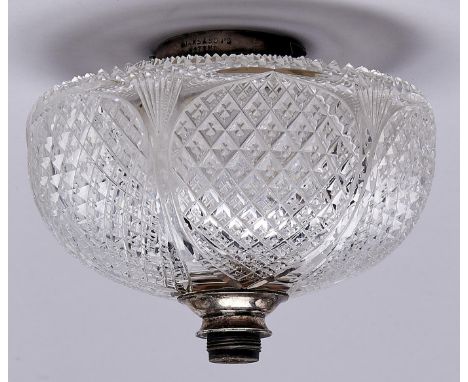 A Victorian cut glass oil lamp fount, c1890, with plated mounts stamped BIRKS &amp; SON'S PATENT, 16.5cm diam  Good condition