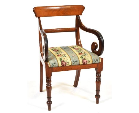 A Victorian mahogany elbow chair, c1850, with scroll arms, padded floral woolwork seat and turned legs, seat height 45cm; a V