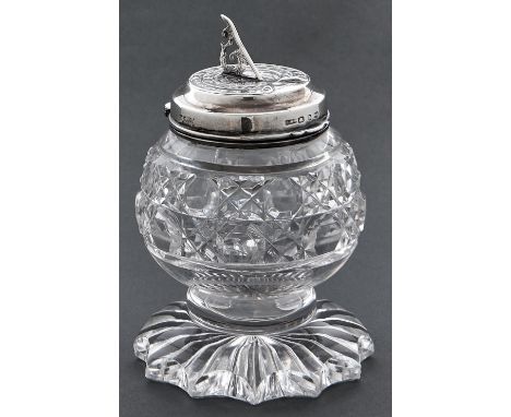 A Victorian silver mounted cut glass jar, the lid in the form of a garden sundial with pierced gnomon, 10.5cm h, marks rubbed