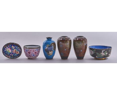 One and a pair of Japanese cloisonne enamel vases, a bowl and two canton famille rose painted enamel objects, Meiji period an