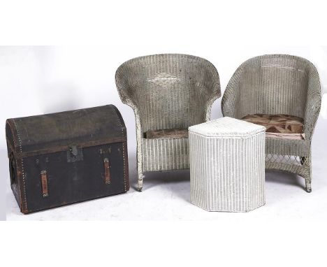 Two Lloyd Loom wicker bergeres, c1930, white painted, a similar linen basket and a cabin trunk (4)  Condition evident from im