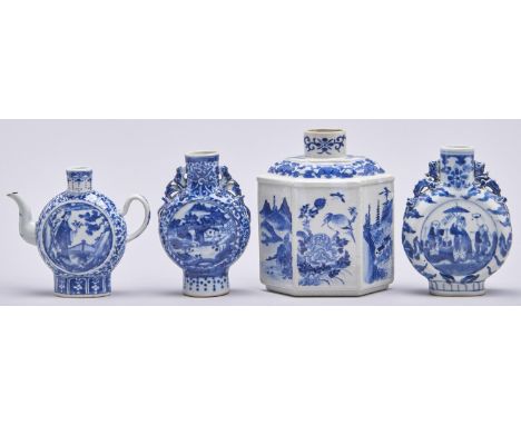 A Chinese blue and white wine pot, late 19th / early 20th c, in the form of a moon flask, two Chinese blue and white moon fla