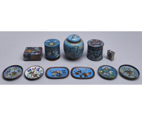A Chinese cloisonne enamel dragons-and-bats canister and cover, c1900, with turquoise ground, 95mm h and a small group of sim