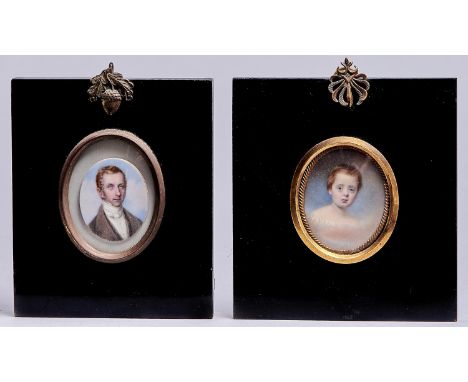 English School, mid 19th c - Portrait Miniatures of a Gentleman and Child, two, oval, 45 and 53mm, ebonised frames with acorn