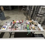 LOT OF: VARIOUS NUTS, BOLT, SCREWS, ROPE, PAINT ROLLERS, BRACKETS, SHIMS, STAPLES ETC PICTURED