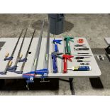 LOT OF: (5) CLAMPS, (4) CUALK GUNS, TUBE OF LIQUID NAILS, HAND TOOLS PICTURED