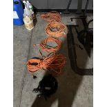 LOT OF: (4) ORANGE EXTENSION CORDS AND (1) BAYCO 801 MOUTABLE HOUSING EXTENSION CORD