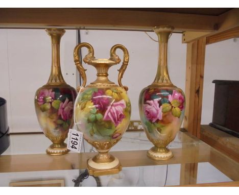 A three piece Royal Worcester painted rose set (decorated by different artists) No Damage  or chips observed R.Austin - VaseF