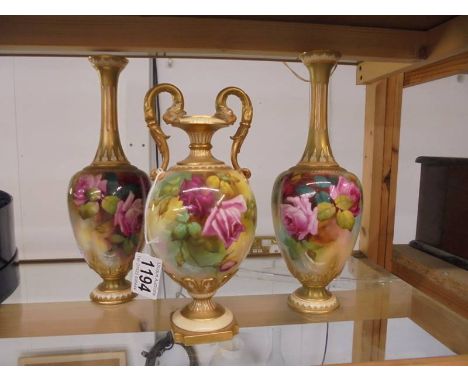 A three piece Royal Worcester painted rose set (decorated by different artists) No Damage  or chips observed R.Austin - VaseF