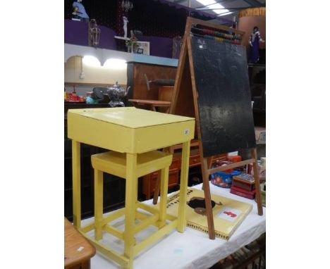 A vintage painted wooden child's school desk with stool. blackboard with integral abacus and another blackboard, COLLECT ONLY