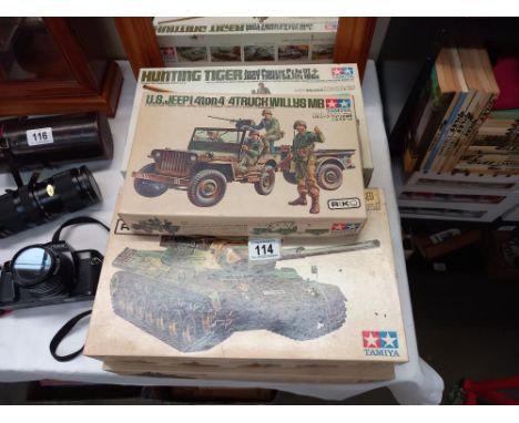 5 boxed Tamiya 1/35 scale military vehicles, British army chieftain MK5 box empty, Leopard and Jeep part built