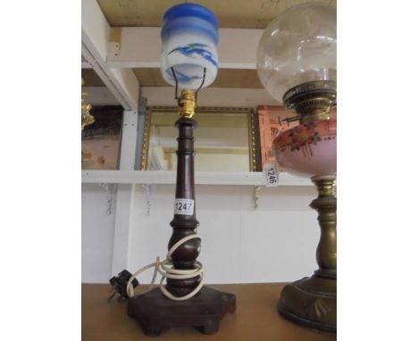 A vintage mahogany table lamp with and art deco hand painted glass shade, COLLECT ONLY.