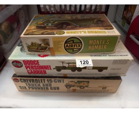 3 vintage boxed Airfix military vehicles, Monty's Humber started, other 2 still bagged
