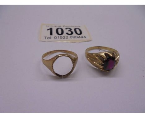 A 9ct gold ring set red stone size S 3.75 grams and a 9ct gold ring missing stone, 1.5 grams.