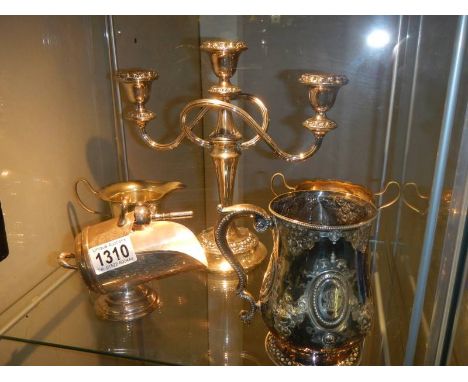 A silver plate tankard, candelabra and sugar scuttle.