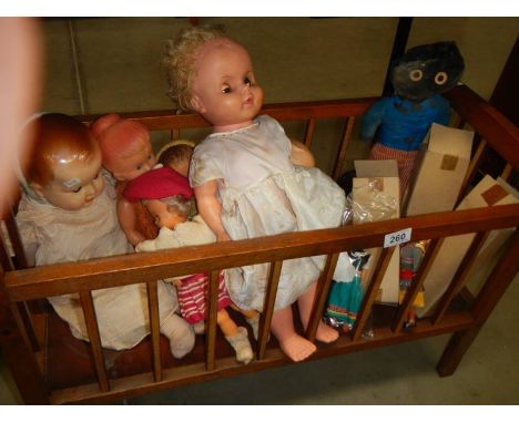 A vintage doll's cot and a quantity of vintage dolls including celluloid, costume, black etc., COLLECT ONLY.