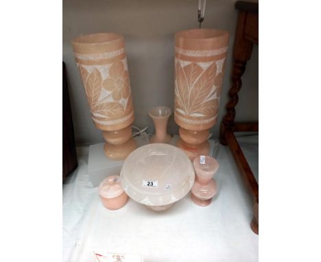 A good selection of pink alabaster including a pair of table lamps, comport, vases and trinket pot COLLECT ONLY 